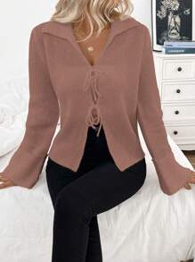SHEIN Unity Cardigan relajado con nudo delantero ajustable y cuello, color beige - Rosa vieja - Ver 3