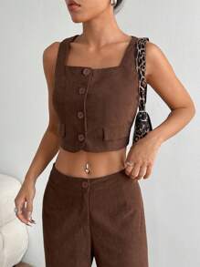 Flirla Set de 2 piezas de top sin mangas y pantalones de pierna ancha de pana ligera para mujer, para uso casual, trabajo y compras