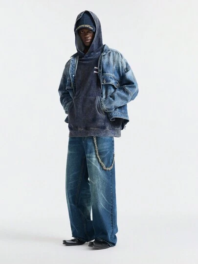 NEON BLANC Pantalones vaqueros casuales de hombre con pierna ancha y suelta, tejido en color azul