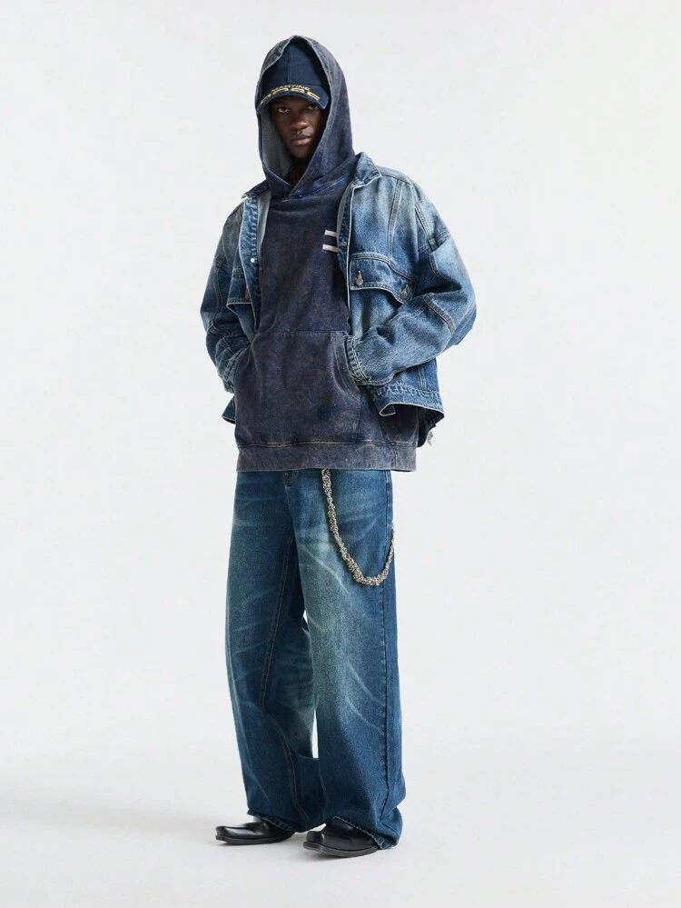 Men's Casual Woven Loose Wide Leg Long Denim Jeans, Blue