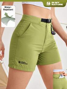 In My Nature Women's Letter Print Pocket Shorts For Daily Fitness & Outdoor, Casual Hiking Women Clothes - Green - View 1