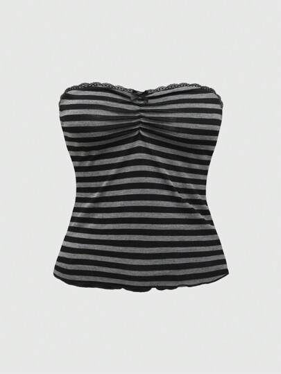 Grunge Punk Sexy Urlaubs-Top mit Spitzenverzierung, Leopard Muster, Schleife und geraffter elastischer Passform für Damen