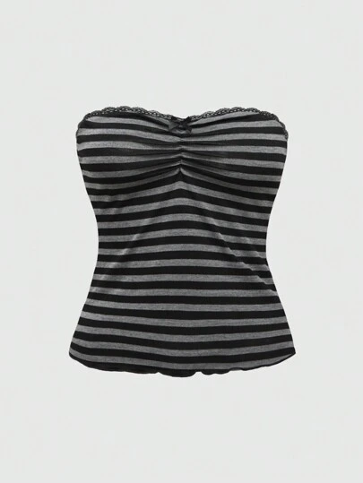 ROMWE Grunge Punk Spring/Summer Casual Black Sexy Vacation Lace Trim Leopard Print Bow Decor Shirred Elastic Fitted Women Top