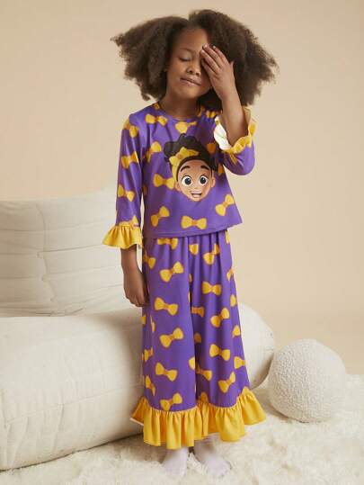 Blippi X SHEIN 少女卡通人物蝴蝶结印花黄色喇叭袖上衣和紫色裤子两件套睡衣套装，可爱甜美
