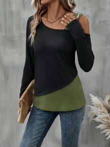 SHEIN LUNE 1 件女式不对称露肩长袖上衣，休闲日常穿着图案 T 恤女式春季上衣