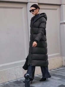 EURMUSE 全彩连帽夹克，带口袋，中长款 - 黑色 - 查看 5