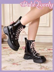 Dola Lovely Black Platform Boots Women Short Booties Ins British Style 2024 Autumn Winter New Mid-Calf Boots Flight Attendant Slim Boots Boots Ladies Ankle Boots For Christmas And New Year Holiday