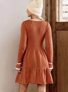 LanaWest Women Contrast Color Crew Neck Long Sleeve Sweater Dress, Autumn/Winter , Fall - Brown - View 2