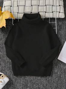 SHEIN 兒童 1件 小男孩休閒舒適純色百搭寬鬆高領秋季毛衣，可作為內搭或外套穿著 - 黑色 - 查看 8