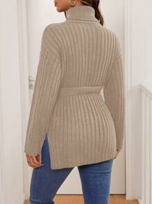 SHEIN Maternity Plain High Neck Dropped Shoulder Long Sleeve Casual Sweater With Side Slit Hemline, Autumn/Winter - Khaki - View 2