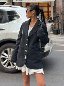 SHEIN EZwear 女士休闲牛仔夹克，长袖，黑色 - 黑色 - 查看 5