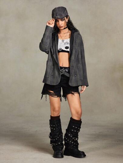 Grunge Punk Vintage Street Punk 2 In 1 Hooded Sweatshirt With Pockets, Loose Plaid For Women