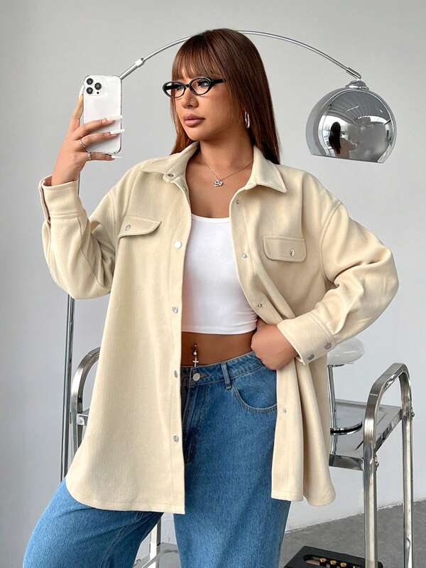 SHEIN EZwear Plus Size Loose Simple Reversible Coat, Autumn/Winter