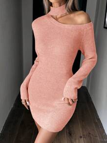 SHEIN Clasi 女式挂脖式半高领长袖毛衣连衣裙 - 粉色 - 查看 7