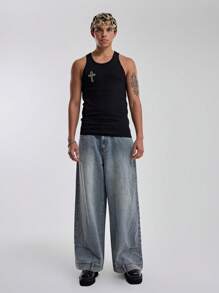 Musero Slim Fitted Sleeveless Tank Top Embroided Cross Detail Tank Top Spring Summer Essentials - Black - View 5