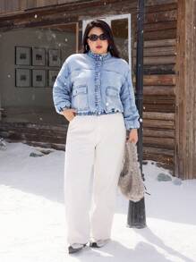 SHEIN EZwear Washed Non-Stretch Denim Winter Padded Jacket - Light Wash - View 7