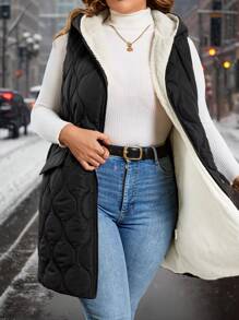 SHEIN Clasi Gourd-Shaped Padded Vest With Pockets, Warm Thermal Lined , Plus Size, Winter