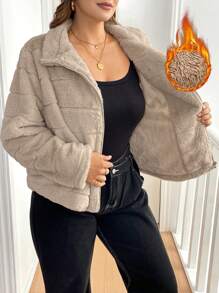 SHEIN Essnce 大码羊毛大衣，冬季保暖大衣，人造毛皮，羊毛大衣，加绒加厚，冬季女装女士保暖夹克，女士开衫外套，冬季夹克冬季上衣