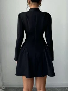 Elenzga Váy xếp ly viền tương phản đen trắng cho nữ - màu đen - Xem 2