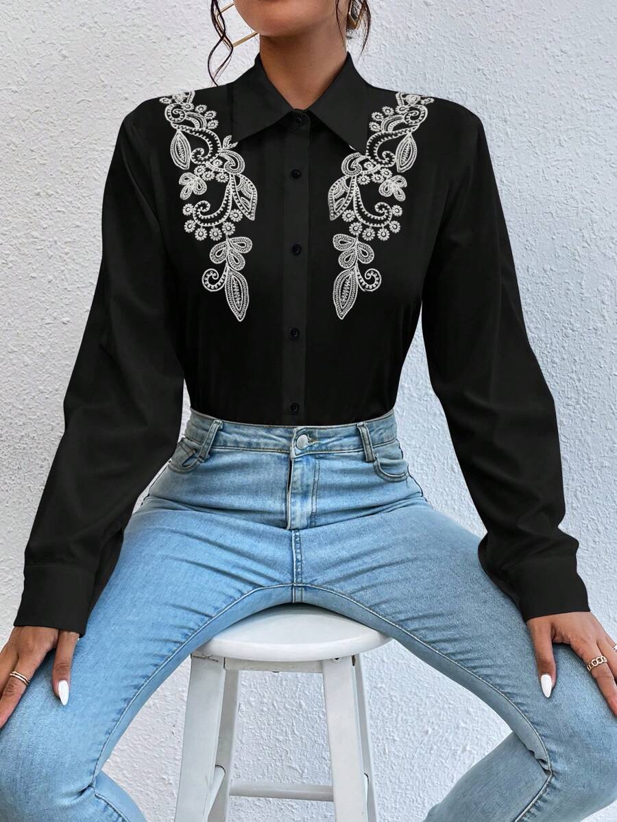 EMERY ROSE Women Front Button Long Sleeve Minimalist Embroidered Casual Blouse Women Shirt Fall Cloth For Women - Black - View 1