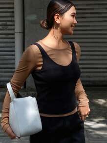 DAZY 2件套女士撞色修身圆领长袖T恤，秋季女士家居服套装 - 棕色 - 查看 3