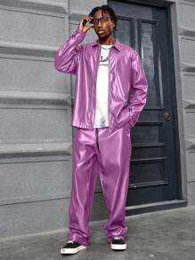 PAVTROS Manfinity Streetrush 男士时尚纯色长袖衬衫和长裤两件套，秋季，粉色 - 粉色 - 查看 5