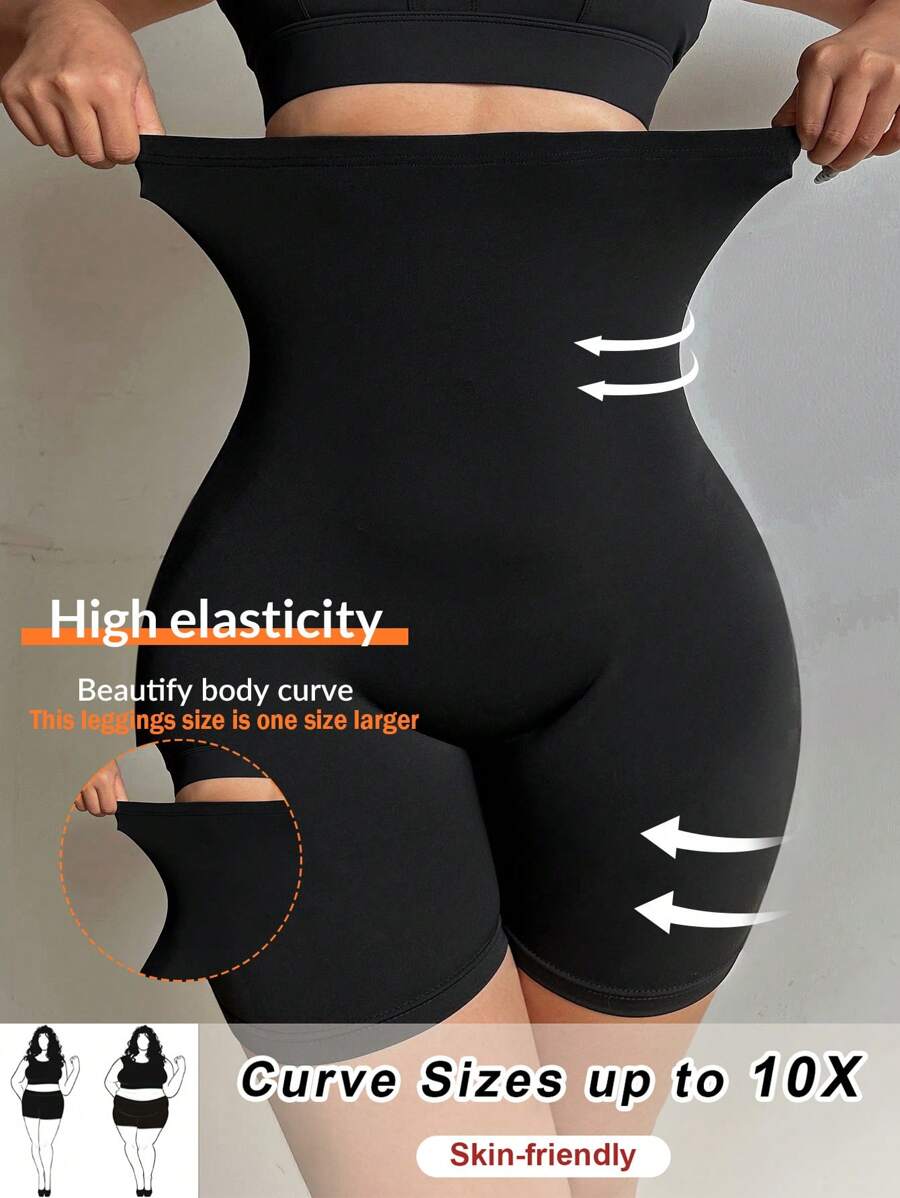 SHEIN CURVE+ Quần bó ngắn Curve Plus Size màu đen co giãn cao, quần bó nâng mông, giảm mỡ, thích hợp cho mùa thu/đông - màu đen - Xem 1