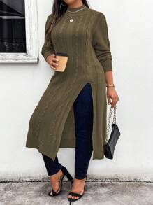 Elenzga Plus Size Solid Color Long Slit Side Casual Sweater, Autumn/Winter Knit Pullover Fall - Army Green - View 5