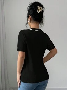 Selianne 女士圆领短袖蝴蝶结简约休闲针织衬衫 - 黑色 - 查看 2