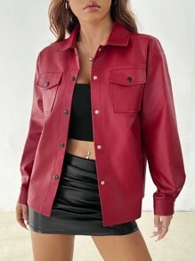 SHEIN PETITE Áo khoác da giả thời trang mùa xuân cho nữ, áo cánh cài nút, áo sơ mi dài tay, có túi cài vai thả vai - Màu Đỏ Sâu - Xem 5