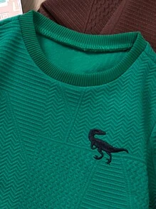 3pcs/Set Tween Boys Crewneck Sweatshirts, Autumn/Winter, Solid Color Knitted Embroidery, Fashion Loose Comfy Sporty Tops, Cool Dinosaur Embroidery, Sibling Set