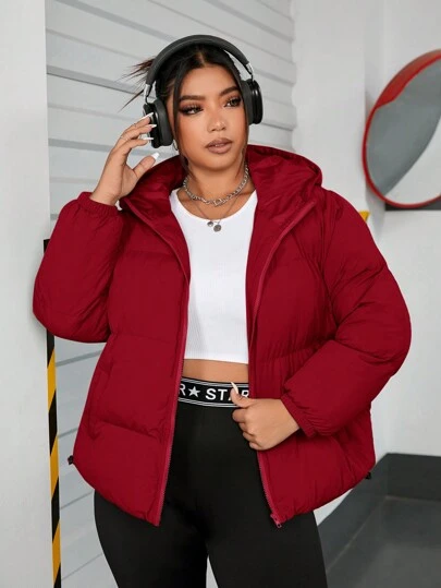 SHEIN EZwear Women's Solid Color Hooded Plus Size Padded Coat, For Winter Fall Autumn