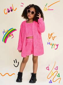 SHEIN Bộ 3 món: Áo len cardigan màu trơn, áo hai dây và quần short cho bé gái - Màu Hồng Tươi - Xem 5