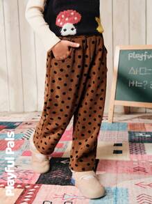 SHEIN 1件装 女童波点抓绒运动裤 可爱/复古/休闲/居家/户外 秋冬 - 摩卡棕 - 查看 3