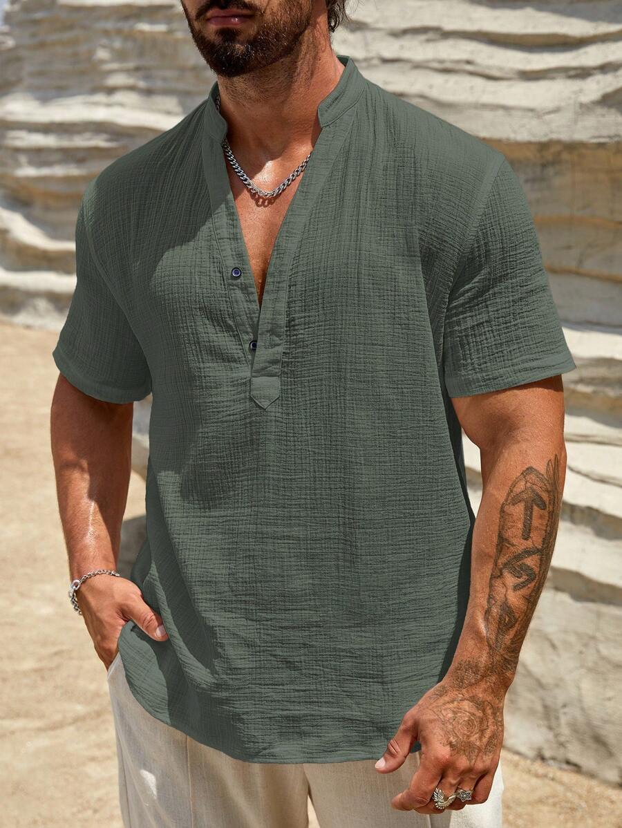 Manfinity VCAY Men Solid Notched Neck Shirt For Summer Vacation