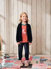 SHEIN Bộ 2 món đồ cho bé gái gồm áo hoodie nhung thêu hình trái tim và quần dài dễ thương/cổ điển/thường ngày/ở nhà/đi chơi trang phục mùa đông/mùa thu quần áo cho bé gái/quần áo mùa thu cho bé gái - Xanh đậm - Xem 6