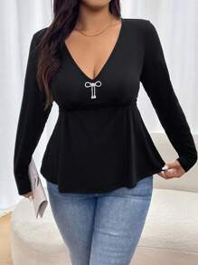SHEIN Frenchy Plus Size Casual Solid Color Rhinestone Bow Decoration Long Sleeve T-Shirt, Autumn/Winter - Black - View 3