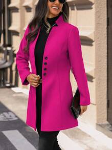 EMERY ROSE Women's Casual Vacation Valentine's Day Mandarin Collar Fitted Overcoat - Hot Pink - View 4