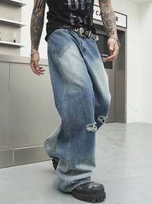 Manfinity EMRG Men's Dark Blue Washed Wide-Leg Baggy Denim Jeans - Dark Wash - View 6