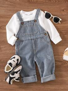 SHEIN Playful Pals Bộ 2 quần yếm denim thời trang cho bé trai Unisex có túi và áo phông dài tay màu trắng, giản dị & phù hợp cho mùa xuân, mùa thu, vui chơi ngoài trời và mặc hàng ngày - Nhiều màu - Xem 7