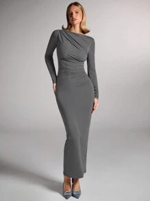 SHEIN BAE Women Fall/Winter Elegant Brown Ruched Four-Sided Stretch Knit Fitted Long Sleeve Dress - Dark Grey - View 1