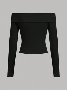 SHEIN Girlism Áo thun bó sát hở vai màu đen trơn cho bé gái tuổi teen, đường phố, đa năng, ngọt ngào, dễ thương, thường ngày - Đen và trắng - Xem 7