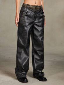 ROMWE Grunge Punk 女式仿旧复古 PU 拼布豹纹腰带和背部豹纹十字刺绣 PU 裤 - 黑色 - 查看 4
