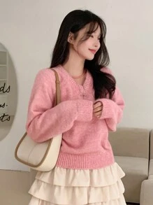 DAZY Áo len dài tay cổ chữ V rộng rãi mặc hàng ngày cho nữ, Áo dài tay, Quần áo mùa thu - Hồng - Xem 3