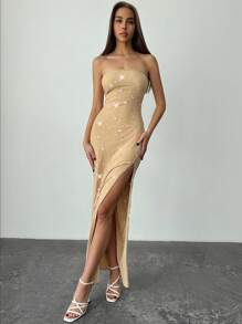Aloruh Elegant Rhinestone Mesh Beaded Sexy High Slit Bandeau Bodycon Dress For Date, Birthday Party - Apricot - View 5