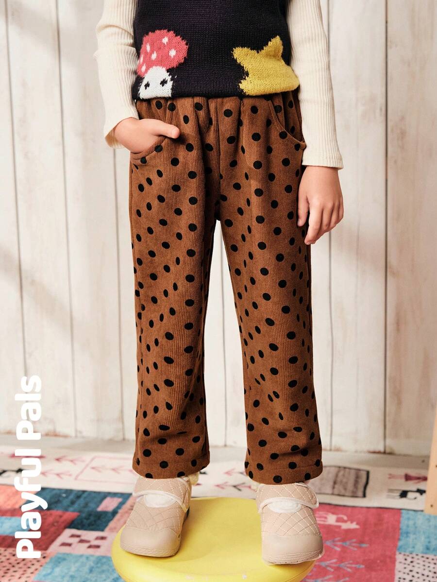 SHEIN 1件装 女童波点抓绒运动裤 可爱/复古/休闲/居家/户外 秋冬 - 摩卡棕 - 查看 1