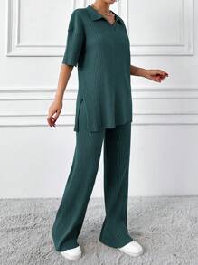 EURMUSE Cotton Two Pieces Set Polo Neck Top And Pant Set Rib Knit Fabric - Army Green - View 4
