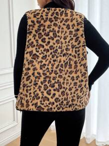 SHEIN Frenchy Plus Size Leopard Print Sleeveless Casual Jacket, Autumn/Winter - Multicolor - View 2