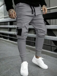 Manfinity Homme 宽松男士翻盖口袋抽绳腰工装裤，秋季适用 - 深灰色 - 查看 3