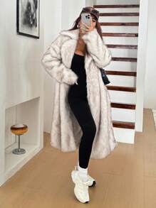 SHEIN EZwear Manteau élégant long et duveteux pour femme avec col montant, manches longues et poches